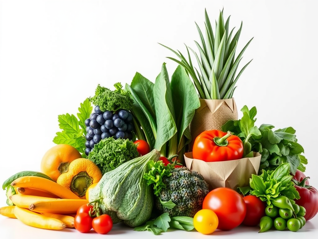 Vibrant assortment of fresh, organic fruits and vegetables for natural wellness – ripe red tomatoes , leafy greens, carrots, and blueberries arranged on a white background .