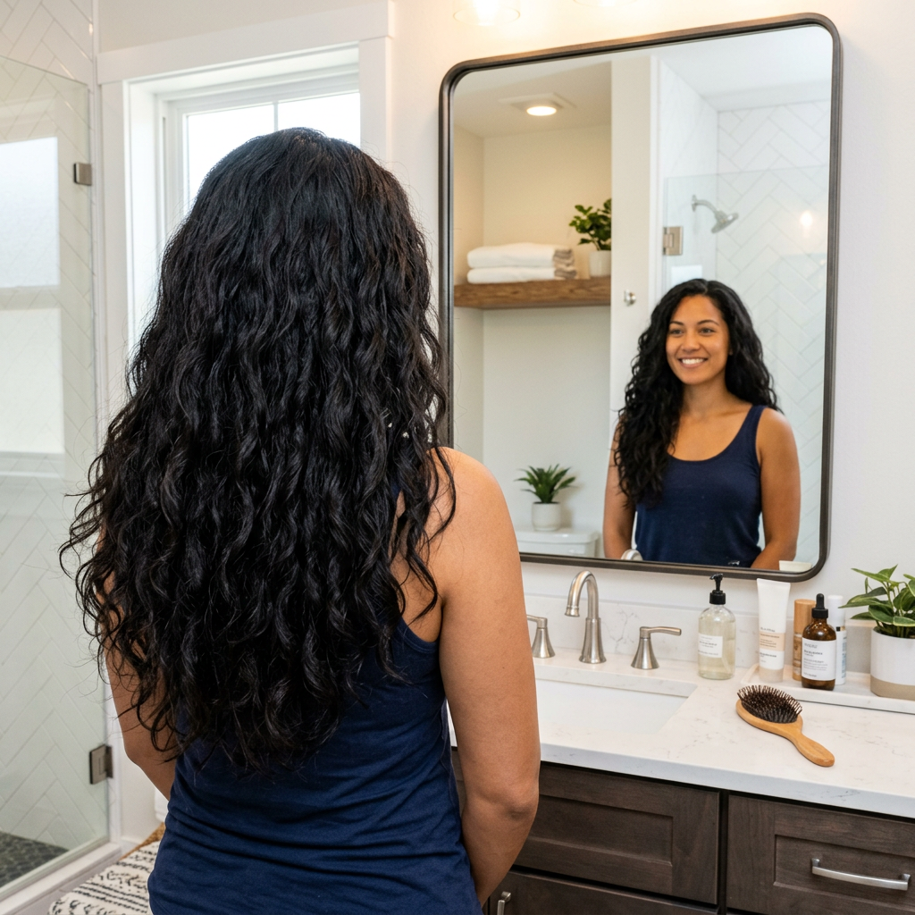 Woman with long wavy hair looking at her reflection in a bathroom mirror