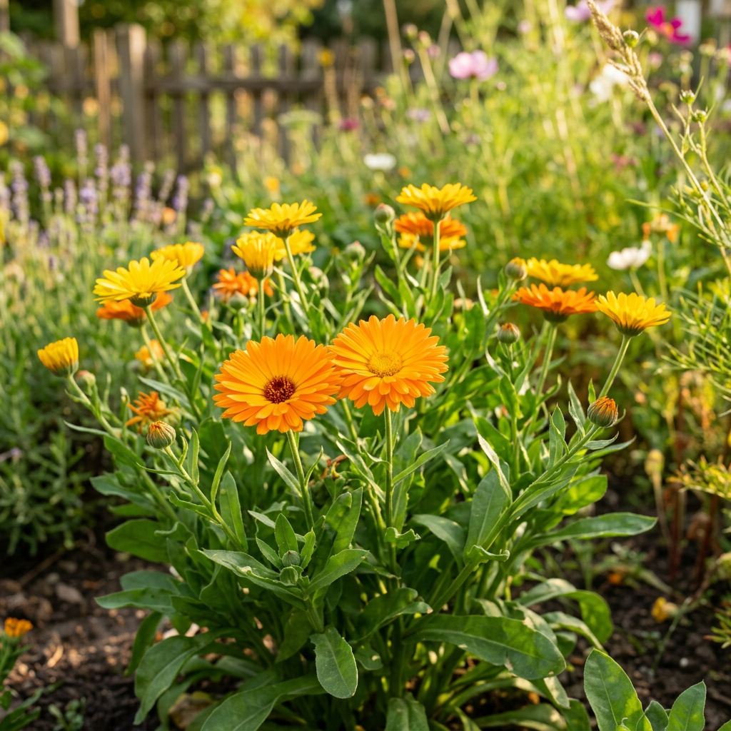 Orange calendula flowers blooming among green foliage in a garden